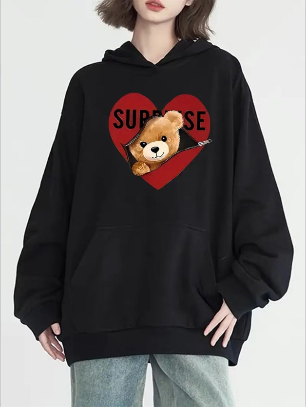 Plus Size Women Women's Casual Sports Hooded Sweatshirt, Comfortable And Fashionable, Suitable For Sports And Daily Life, Heart & Bear Print