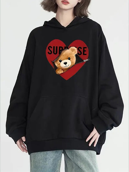 Plus Size Women Women's Casual Sports Hooded Sweatshirt, Comfortable And Fashionable, Suitable For Sports And Daily Life, Heart & Bear Print